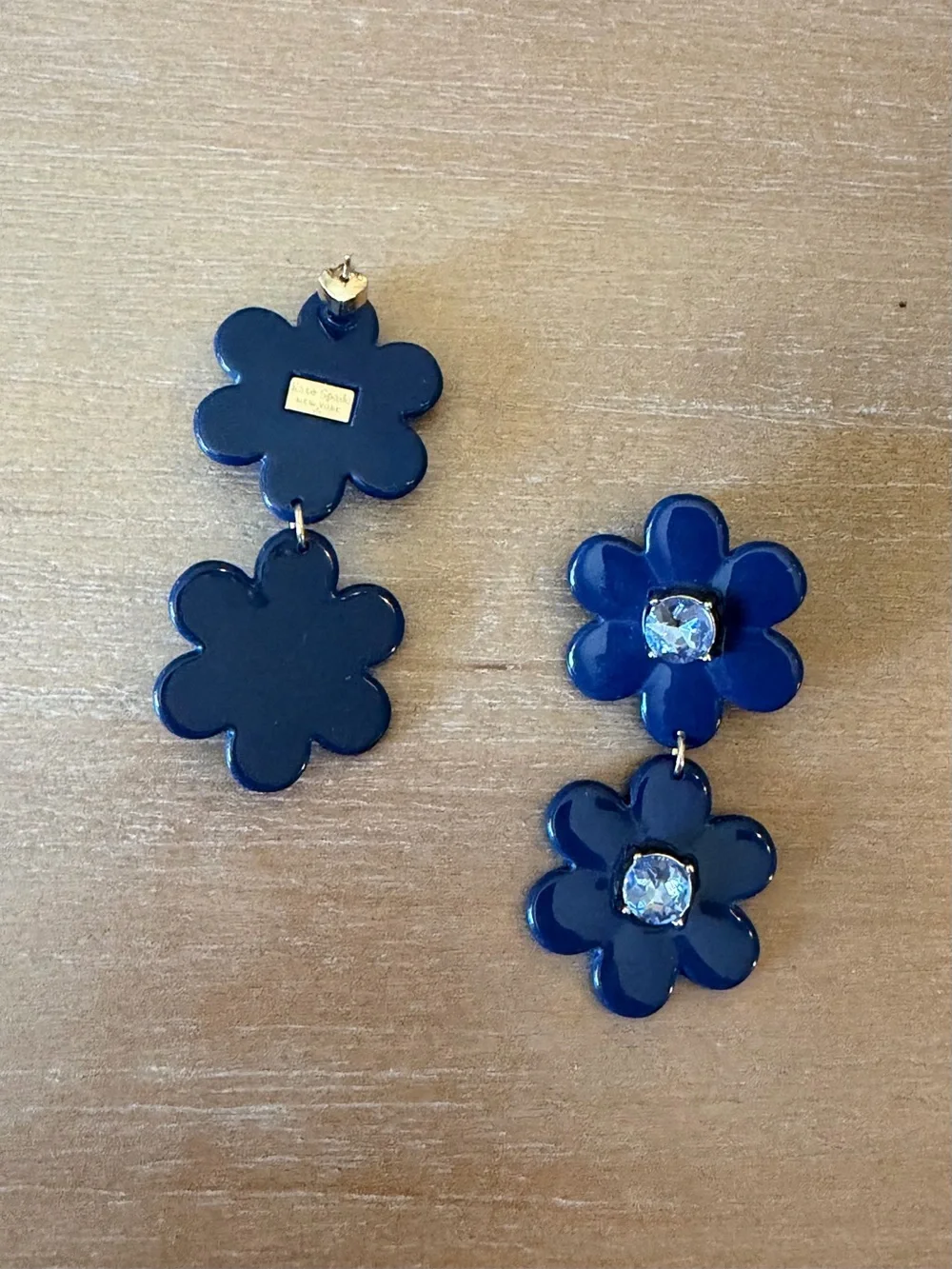 Kate Spade x Target Navy Blue Flower Drop Earrings Crystal Center. Post Back